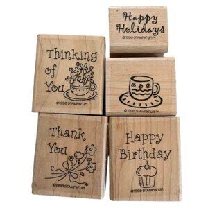 Stampin Up Simple Wishes 1998 Rubber Wood Stamp Set Cute Sentiments & Designs